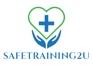 Logo of SafeTraining2U featuring a heart shape with a medical cross inside and hands supporting it, promoting safety training at work school and home, encouraging learning in various environments.